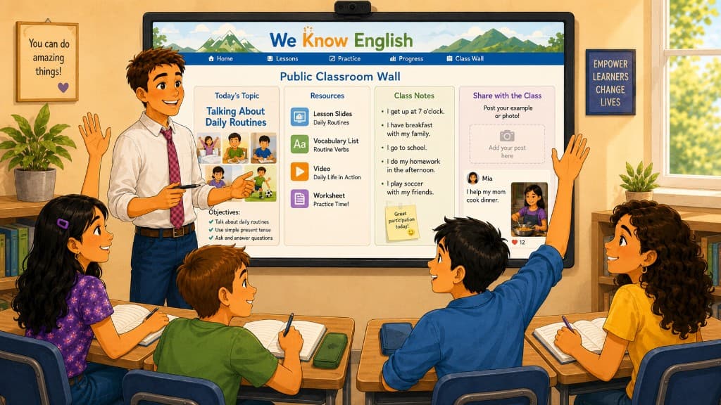 Create ESL lessons on the We Know English classroom wall while teaching students in class