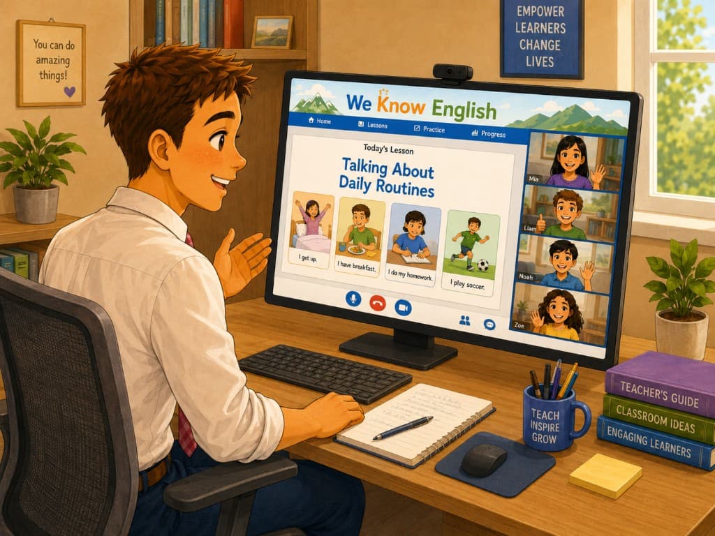 Teach English online with We Know English live lessons, activities, and video class tools